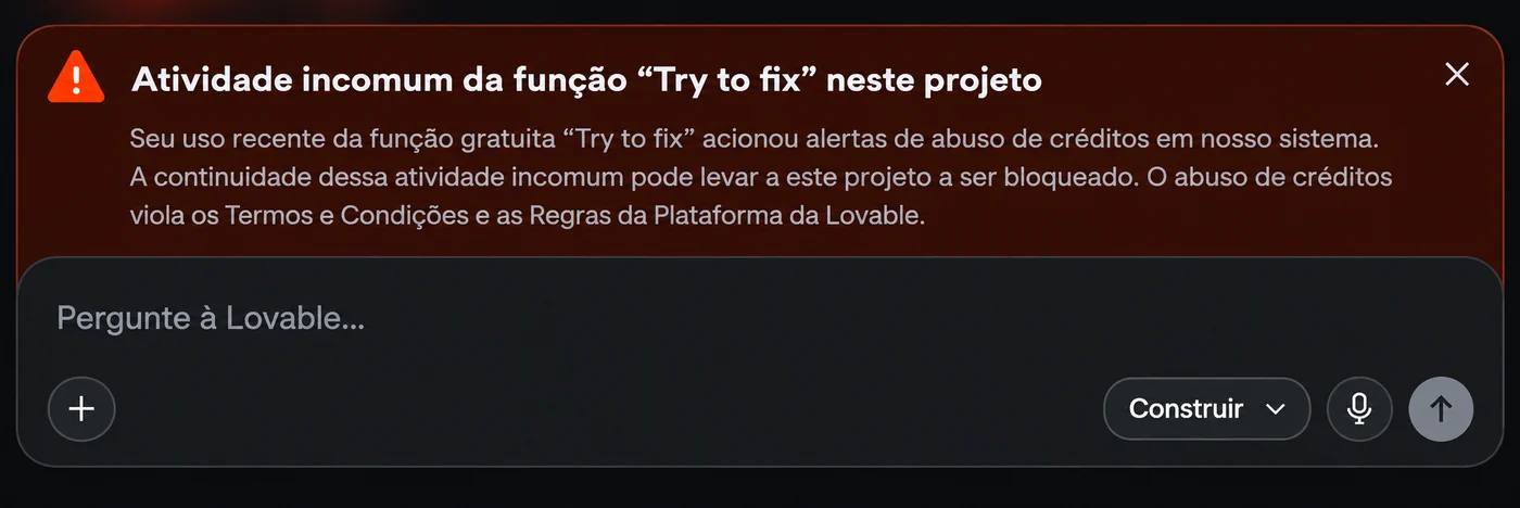 Aviso da Lovable dizendo que atividade incomum pode levar o projeto a ser bloqueado